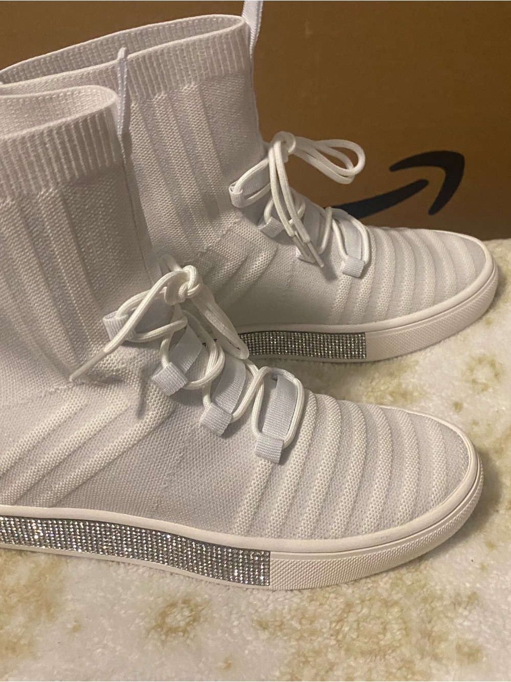 White Knit High-Top Women's Sneakers with Crystal Accent